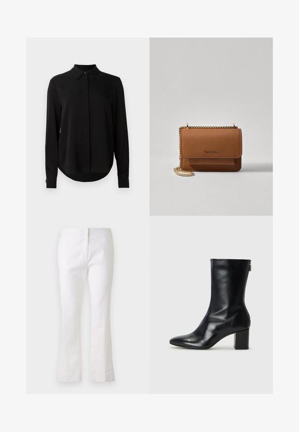 Črna bluzica z dolgimi rokavi, z ostrim ovratnikom, skrito gumbasto zapenjanje in ukrivljenim robom, v nasprotju z enobarvno belo podlago.; Bela široka hlače iz lahkega materiala. Imajo ravno sprednjo stran z zadrgo in gladko teksturo. Enostaven in čist dizajn.; Črne usnjene gležnjarje s koničastim nosom in 4 cm širokim peto. Elegantna zasnova vsebuje stranski zadrgo za enostavno obuvanje. Gladka tekstura.; Rjava teksturirana usnjena torba čez ramo z zlatim verižnim trakom in zapiranjem na pokrov. Spredaj je vidna podrobnost logotipa in žep pod pokrovom.