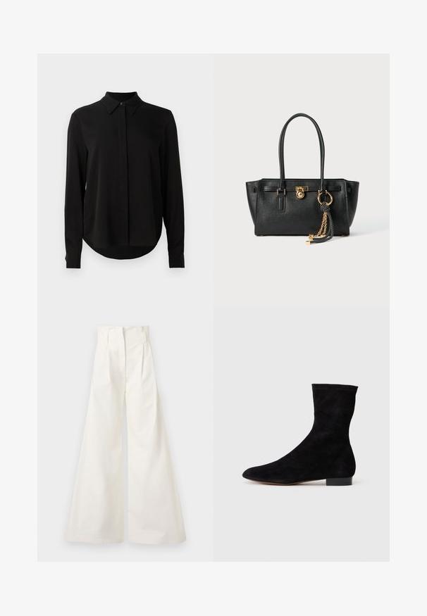 Fekete hosszú ujjú blúz hegyes gallérral, rejtett gombsorttal és ívelt aljjal egy sima fehér háttér előtt.; Fehér, bő szárú pamut nadrág, magas derékkal, elöl redőzött kialakítással és zsebek nélküli letisztult dizájnnal.; Fekete velúr bokacsizma, illeszkedő szárral, hegyes orral és alacsony blokk sarokkal. Simább felület és minimalista dizájn, amely sokoldalú stílushoz megfelelő.; Fekete bőr kézitáska dupla fogantyúkkal, aranyzárral és lánc részletekkel, fekete-fehér bojt kiegészítővel, fehér háttéren.