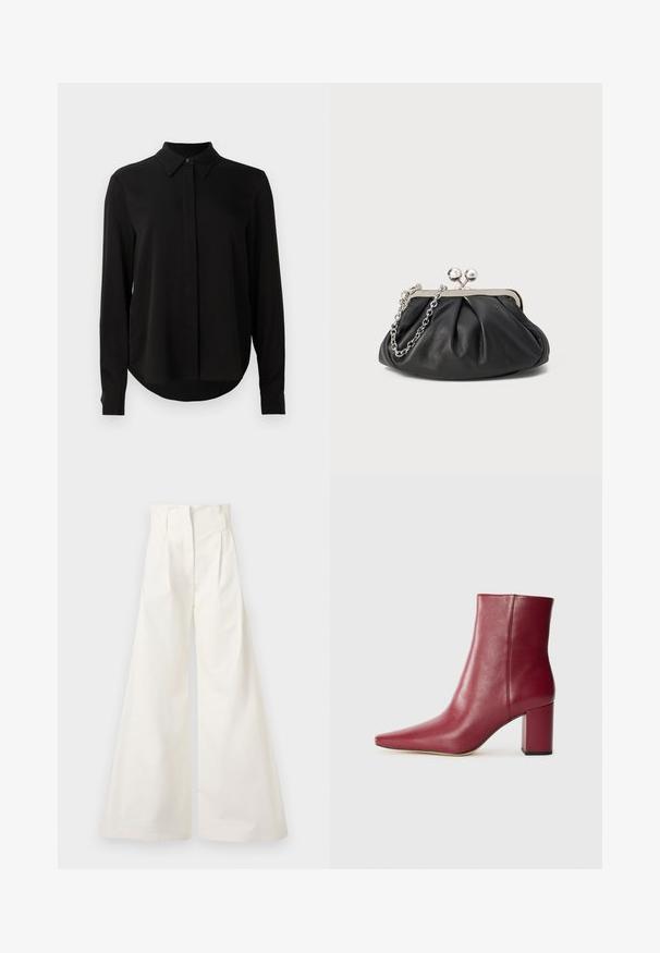 Zwarte blouse met lange mouwen, spitse kraag, verborgen knoopsluiting en afgeronde zoom tegen een eenvoudige witte achtergrond.; Witte wijde broek van katoen, met een hoge taille, plooien aan de voorkant en een strak design zonder zakken.; Bordeaux leren enkelboot met een spitse neus, blokhak en een gladde textuur, uitgevoerd in een naadloos ontwerp zonder zichtbare hardware.; Zwarte leren clutch met geplooide textuur, zilverkleurig metalen frame, drukknopsluiting en kettingriem. Glad, zacht oppervlak.