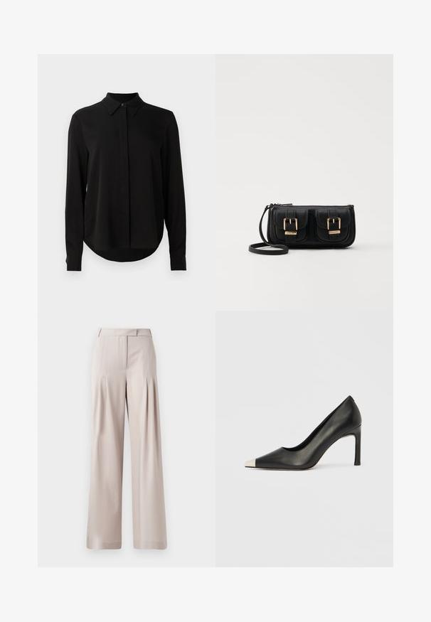 Blusa negra de manga larga con cuello puntiagudo, tapeta de botones oculta y dobladillo curvado sobre un fondo blanco liso.; Pantalones de pierna ancha en color beige con una textura suave, diseño con pliegues en la parte delantera y una cintura ajustada. Aptos para ocasiones formales o informales.; Zapato de tacón alto de cuero negro con punta en forma de pico y una tapa metálica plateada. Presenta un acabado suave y un tacón delgado de 10 cm.; Bolso cruzado de cuero negro con dos bolsillos frontales, hebillas doradas, cierre de cremallera y una correa delgada. Superficie texturizada y forma rectangular compacta.