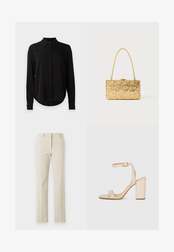 Fekete hosszú ujjú blúz hegyes gallérral, rejtett gombsorttal és ívelt aljjal egy sima fehér háttér előtt.; Beige, csinos nadrág lapos elejű, egyenes szárú, övhurkokkal és sima textúrával. Minimalista dizájn, látható minták nélkül.; Beige színű magassarkú szandál négyzet alakú orral, vékony bokapánttal és tömbsarkúval. Simas bőrfelület arany csattal díszítve.; Arany flitteres clutch táska, téglalap alakú, csavart lánckarabinerekkel és fém záródással, mely fényt tükröz a textúrált felületének köszönhetően.