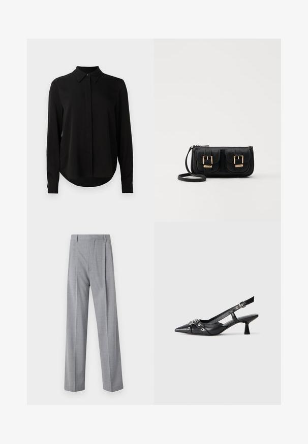 Černá halenka s dlouhým rukávem a špičatým límcem, skrytým zapínáním na knoflíky a zakřiveným lemem na jednobarevném bílém pozadí.; Šedé, lehké kalhoty se siluetou na míru, s hladkou texturou, jemným vzorem a dvěma předními záhyby pro zvýraznění detailu.; Černé kožené slingback boty s špičatou špičkou, dekorativními pásky s kovovými očky a nízkým blokovým podpatkem. Texturovaný povrch.; Černá kožená crossbody taška se dvěma předními kapsami, zlatými přezkami, zipovým uzávěrem a štíhlým popruhem. Texturovaný povrch a kompaktní obdélníkový tvar.