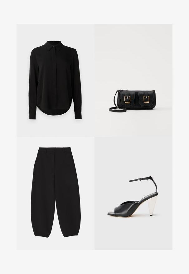 Blouse noire à manches longues avec col pointu, patte de boutonnage dissimulée et ourlet arrondi sur fond blanc uni.; Pantalons larges noirs en tissu lisse avec une coupe ajustée, dotés de poches avant et d'une taille plate avec passants de ceinture.; Sandale à talon haut en cuir noir avec bout ouvert, design asymétrique, bride de cheville et talon en forme de cône métallique. Texture lisse sur toute la surface.; Sac en cuir noir porté en travers avec deux poches avant, boucles dorées, fermeture zippée et une sangle fine. Surface texturée et forme rectangulaire compacte.