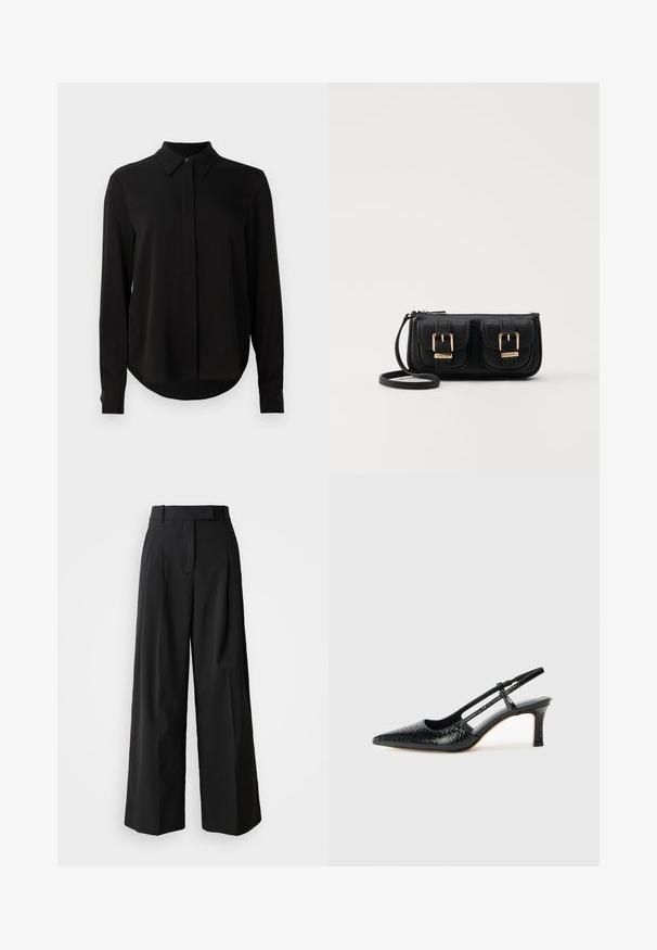 Blouse noire à manches longues avec col pointu, patte de boutonnage dissimulée et ourlet arrondi sur fond blanc uni.; Pantalons noirs à jambe large en tissu lisse avec une taille haute, dotés de deux plis frontaux et d'une coupe ajustée.; Escarpin slingback en vernis noir avec un bout pointu, présentant un imprimé serpent texturé, une sangle réglable et un petit talon bloc texturé.; Sac en cuir noir porté en travers avec deux poches avant, boucles dorées, fermeture zippée et une sangle fine. Surface texturée et forme rectangulaire compacte.
