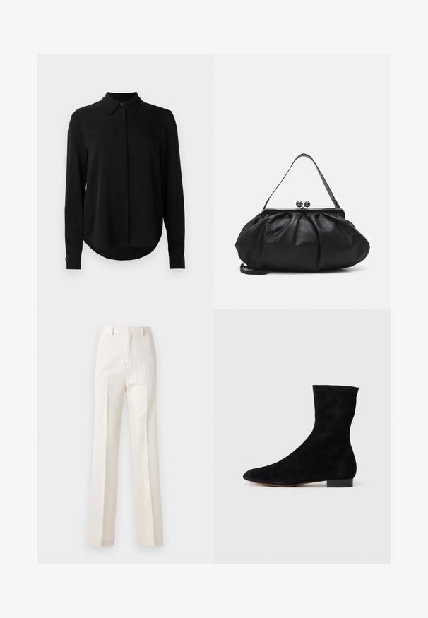 Black long-sleeve blouse with pointed collar, concealed button placket, and curved hem against a plain white background.; White, wide-leg trousers with a smooth texture, featuring front pleats and a classic waistband, designed for a polished look.; Black suede ankle boot with a fitted shaft, pointed toe, and a low block heel. Smooth texture and minimalistic design, suitable for versatile styling.; Black leather handbag with a rounded, pleated design. Features a metallic clasp with two decorative balls and a slim, detachable strap.