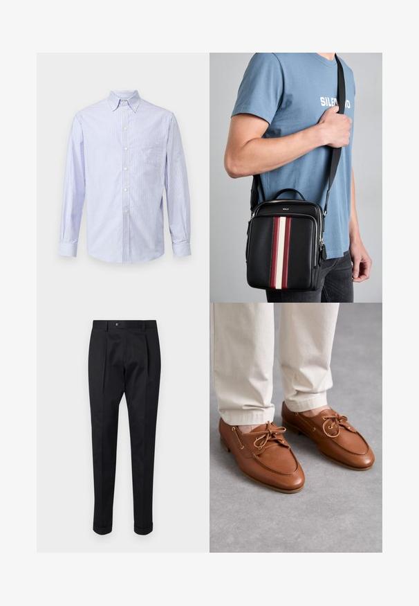 Hellblau- und weißgestreiftes Langarmhemd mit Kentkragen, Brusttasche und Knopfschluss, aus einem Stoff mit glatter Textur.; Schwarze Hosen aus einem glatten Stoff, mit einem Faltenwurf vorne, einem Knopfverschluss und umgeschlagenen Säumen am Knöchel.; Bally PATHY - Schnürer - deserto; Schwarze Leder-Crossbody-Tasche mit vertikalen Streifen in Rot, Weiß und Beige. Verfügt über einen oberen Griff und einen verstellbaren Riemen. Zipper-Verschluss sichtbar.