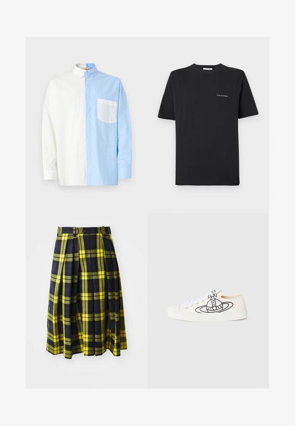 Πουκάμισο με κουμπιά που διαθέτει μισό λευκό και μισό ανοιχτό μπλε χρώμα. Φτιαγμένο από βαμβάκι με τσέπη με μάσκα στην ανοιχτό μπλε πλευρά.; Μαύρο βαμβακερό T-shirt με στρογγυλή λαιμόκοψη, κοντά μανίκια και μικρό λευκό λογότυπο "TIGER OF SWEDEN" στο στήθος. Κλασική εφαρμογή.; Κοντή φούστα με καρό σχέδιο από υφαντό ύφασμα, σε κίτρινες και μαύρες αποχρώσεις, με πτυχώσεις και κουμπί κλεισίματος στη μέση.; Καμβαδωτά αθλητικά παπούτσια σε off-white απόχρωση με μια μαύρη γραφική απεικόνιση πλανήτη. Διαθέτουν λευκές κορδόνες και υφή από καουτσούκ στη σόλα. Στρογγυλή μύτη σχεδίασης.