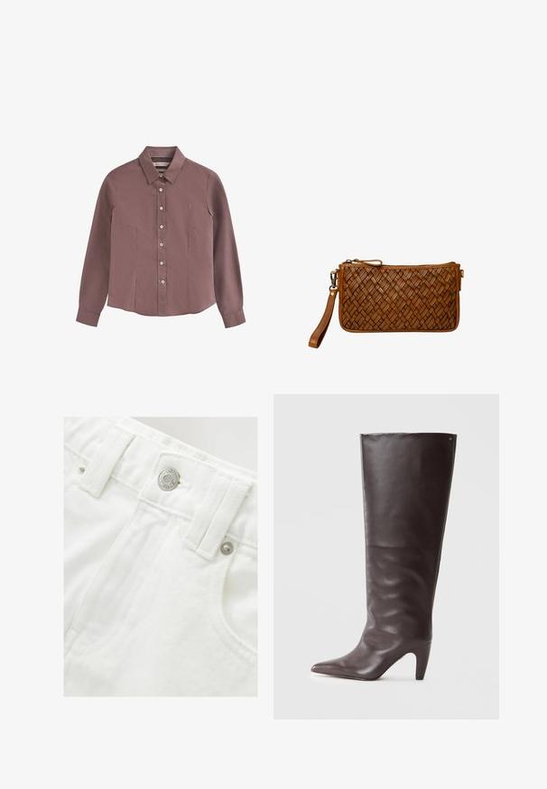 Chemise à manches longues, mauve, avec boutons. Équipée d'un col classique, de poches avant et d'un logo brodé discret sur la poitrine gauche. Tissu doux.; Shorts en denim blanc avec une taille structurée, détail de bouton en argent et tissu texturé. Caractéristiques : poches avant et couture soignée.; Botte en cuir marron, montante jusqu'au genou, avec un bout pointu et un talon moyen, présentant une texture lisse et un design minimaliste.; Pochette en cuir marron avec texture tissée, fermeture éclair et bandoulière détachable sur fond blanc.