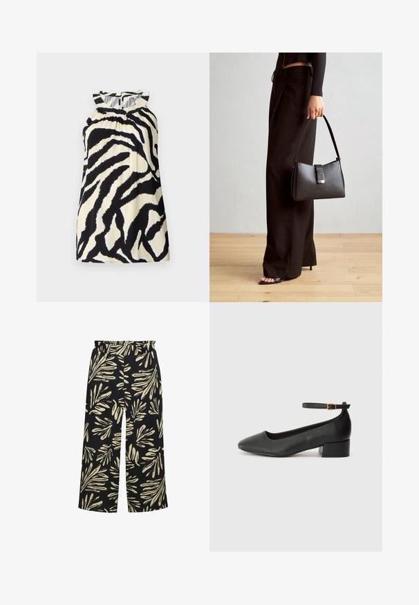 Čierny a krémový top bez rukávov so zebrovým vzorom, s nariasením na výstrihu a gombíkovým zapínaním na zadnej strane.; Široké nohavice s elastickým pásom, s čiernym pozadím a krémovo a mätovo zeleným vzorom lístia. Štruktúrovaná tkanina.; Čierne kožené lodičky s špicatou špičkou a nízkym blokovým podpätkom. Obsahuje remienok okolo členka so zlatým prackou. Hladký povrch.; Čierna kabelka so štruktúrovaným tvarom, hladkou textúrou a kovovou sponou. V kombinácii so širokými čiernymi nohavicami a sandálmi s otvorenou špičkou na drevenej podlahe.