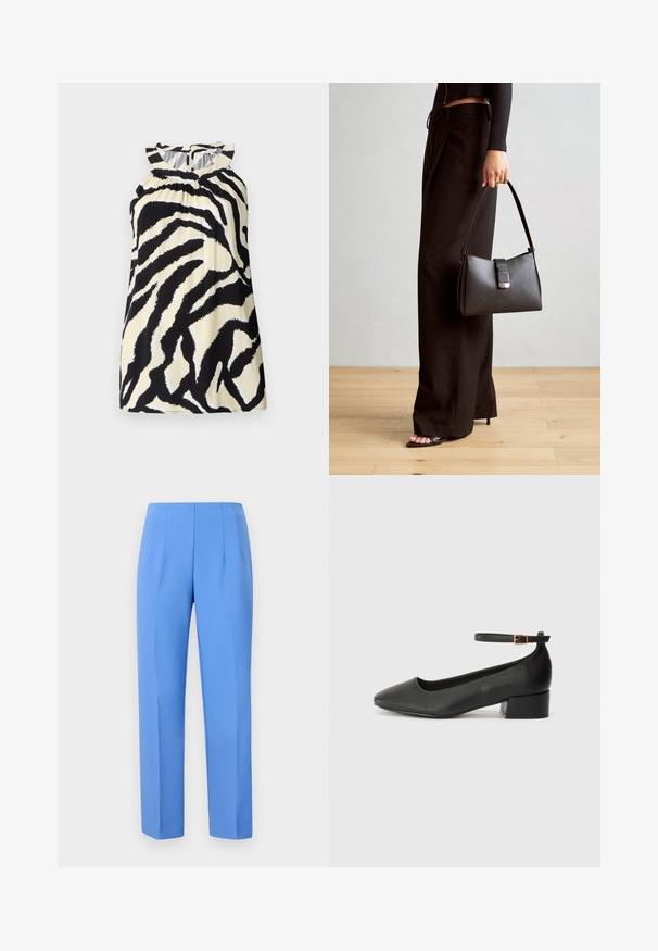 Čierny a krémový top bez rukávov so zebrovým vzorom, s nariasením na výstrihu a gombíkovým zapínaním na zadnej strane.; Modré nohavice na mieru z hladkej tkaniny so bočnými skladmi, s rovým strihom a čistým pásom. Žiadne viditeľné kovové prvky ani vzory.; Čierne kožené lodičky s špicatou špičkou a nízkym blokovým podpätkom. Obsahuje remienok okolo členka so zlatým prackou. Hladký povrch.; Čierna kabelka so štruktúrovaným tvarom, hladkou textúrou a kovovou sponou. V kombinácii so širokými čiernymi nohavicami a sandálmi s otvorenou špičkou na drevenej podlahe.