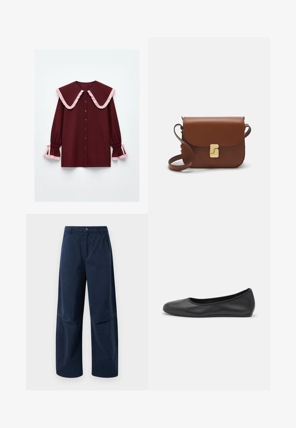 Bordo bluzė su dideliu raukšlėtu apykakle, rožinėmis akcentais, mygtukais priekyje ir surinktomis rankovėmis, kurių kraštai puošiami rožinėmis raukšlėmis.; Tamsiai mėlynos plačios kelnės su priekiniais mygtukais, diržo kilpelėmis, šoniniais kišenėmis ir subtilia raudona siūle virš kelio.; Juodai odiniai baletai su apvaliu pirštu, lygi texture, minimalus siuvimo detales ir lanksčiu padų dizainu.; Ruda odinė rankinė su uždaromu dangteliu, aukso spalvos detalėmis, petneša ir lygiu paviršiumi. Kompaktiška stačiakampio formos.