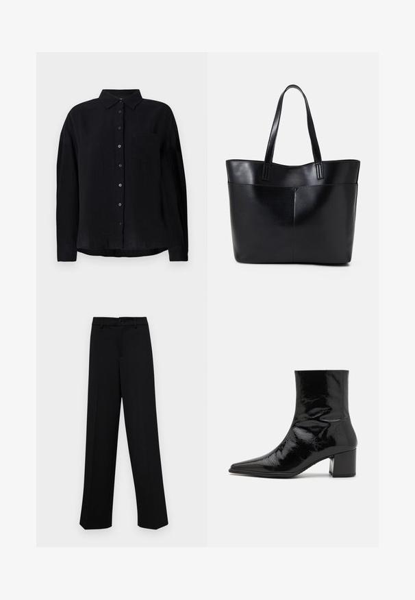 Fekete, hosszú ujjú ing, könnyű anyagból készült, hegyes gallérral, gombos elülső résszel, egyetlen mellzsebbel és laza szabású.; Fekete, széles szárú nadrág sima anyagból, klasszikus derékrésszel, gombzárral és elülső redőkkel.; Fekete lakkbőr bokacsizma hegyes orral, strukturált felsőrésszel és vastag sarkal. Simát, fényes textúrájú.; Fekete bőr bevásárlótáska két hosszú fogantyúval, sima felülettel és strukturált formával. Elülső zseb található rajta a plusz tárolás érdekében.