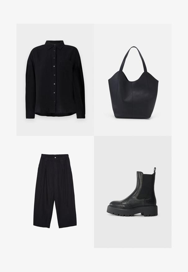 Czarna koszula z długim rękawem, wykonana z lekkiego materiału, z punktowym kołnierzykiem, zapięciem na guziki, pojedynczą kieszenią na klatce piersiowej i luźnym krojem.; Czarne spodnie culotte z poliestru z elastycznym pasem, dwoma fałdami z przodu i luźnym krojem. Brak widocznych wzorów lub elementów metalowych.; Czarne skórzane botki za kostkę z elastycznymi panelami bocznymi, zaokrąglonym noskiem i masywną, fakturowaną gumową podeszwą. Posiadają pętelkę z tyłu.; Czarna torba na ramię wykonana z gładkiej skóry, z zaokrąglonym, otwartym topem i dwoma paskami na ramię oraz minimalistycznym designem.