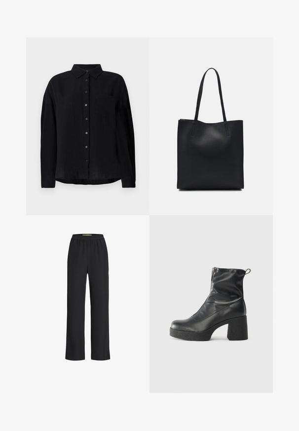 Black long-sleeve shirt made of lightweight fabric, featuring a pointed collar, button front, single chest pocket, and relaxed fit.; Black wide-leg pants with an elastic waistband, made from a soft fabric, featuring a smooth texture and a loose fit throughout the legs.; Black ankle boots made of smooth leather, featuring a side zipper, chunky textured heel, and rounded toe design.; Black leather tote bag with smooth texture, rectangular shape, and two long handles. No visible hardware or embellishments.