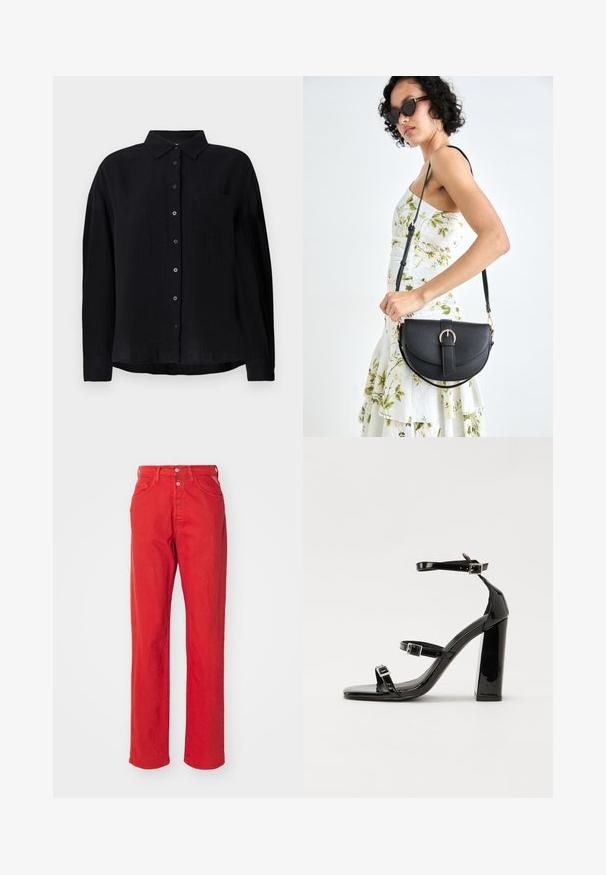 Black long-sleeve shirt made of lightweight fabric, featuring a pointed collar, button front, single chest pocket, and relaxed fit.; Red denim trousers with a straight leg design, high waist, button fly, and five pockets. The fabric features a smooth texture with no visible patterns.; Black patent heeled sandals with a square toe, ankle straps, and silver buckles. Features a chunky block heel for stability.; Black leather handbag with a curved shape, detachable strap, and gold hardware. The bag features a flap with a buckle detail.