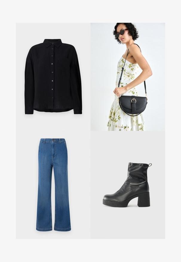 Svart langermet skjorte laget av lett stoff, med spiss krage, knappestolpe, enkelt brystlomme og avslappet passform.; Bredde ben blå denimjeans med høy midje, med knappelukking, fem lommer og en falmet tekstur.; Svarte ankelstøvler laget av glatt lær, med glidelås på siden, chunky strukturert hæl, og rund tå-design.; Svart lærveske med en buet form, avtagbar stropp og gullbeslag. Vesken har et klaff med spenne-detall.