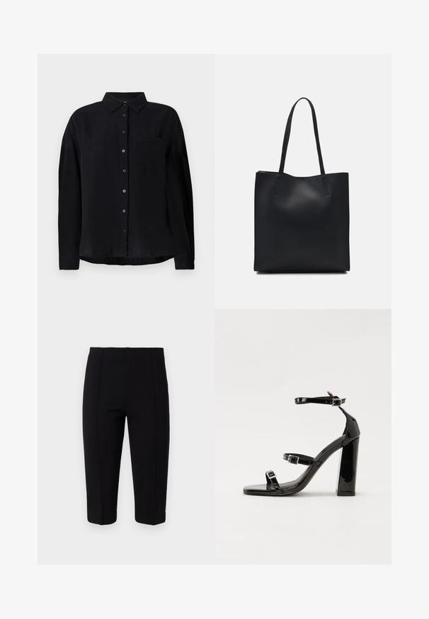 Crna majica dugih rukava od laganog materijala, s oštrim kragnom, prednjim gumbima, jednim džepom na prsima i opuštenim krojem.; Crne skraćene hlače napravljene od rastezljivog materijala, s detaljima šavova sprijeda i uskim krojem, koje pružaju glatku siluetu.; Crne lakirane sandale na pete sa kvadratnim nosom, trakama oko gležnja i srebrnim kopčama. Imaju čvrst blok petu za stabilnost.; Crna kožna torba za nošenje s glatkom teksturom, pravokutnim oblikom i dvije duge ručke. Nema vidljivih metalnih dijelova ili ukrasa.