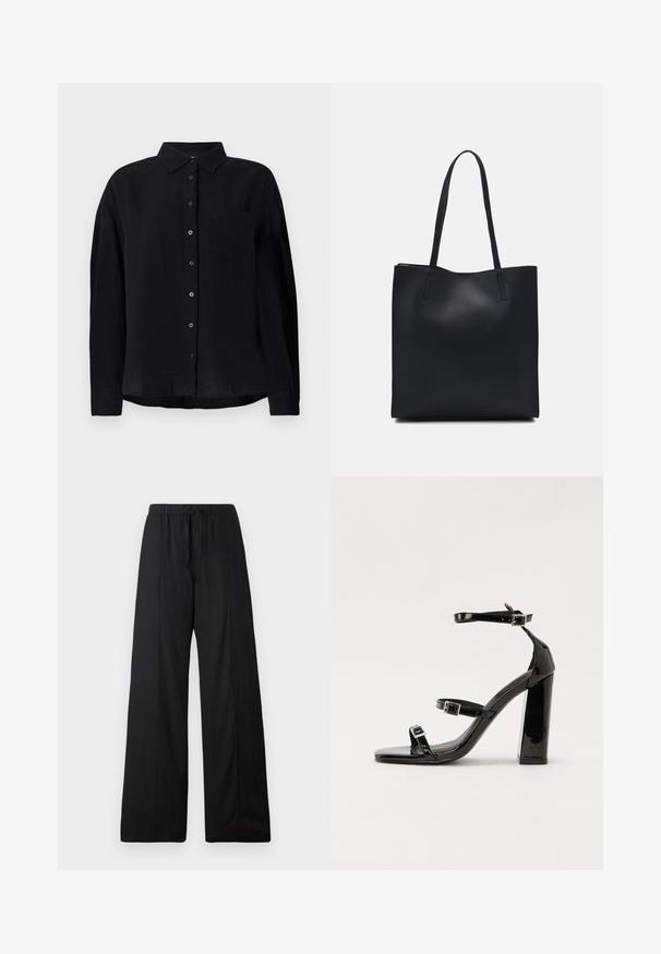 Black long-sleeve shirt made of lightweight fabric, featuring a pointed collar, button front, single chest pocket, and relaxed fit.; Black wide-leg pants made of lightweight fabric. Features an elastic waist with a drawstring. Clean, minimalist design with no patterns.; Black patent heeled sandals with a square toe, ankle straps, and silver buckles. Features a chunky block heel for stability.; Black leather tote bag with smooth texture, rectangular shape, and two long handles. No visible hardware or embellishments.