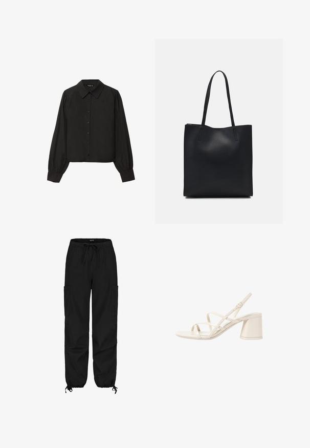 Schwarze, kurz geschnittene Bluse mit Knopfverschluss, spitzem Kragen, langen puffärmel und glatter Textur, die an der Vorderseite mit kleinen Knöpfen versehen ist.; Schwarze Cargo-Hosen aus leichtem Stoff, mit elastischem Bund und Kordelzug, zwei Seitentaschen und elastischen Bündchen.; Beige High Heels Sandalen mit schlanken, überkreuzten Riemen, offener Zehenpartie und einem quadratischen Blockabsatz. Glänzende Lack-Oberfläche, verstellbarer Knöchelriemen.; Schwarze Laptoptasche aus Leder mit glatter Textur, rechteckiger Form und zwei langen Griffen. Keine sichtbaren Beschläge oder Verzierungen.