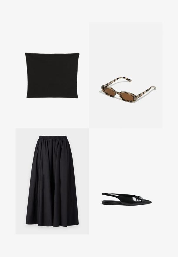 Čierny obal na vankúš v tvare obdĺžnika vyrobený z látky, s hladkým povrchom bez vzorov alebo ozdôb. Jednoduchý, minimalistický dizajn.; Čierna, dlhá, elastická sukňa s hladkou tkaninou a plným, voľným siluetom. Žiadne vzory ani kovanie nie sú viditeľné.; Čierne lakované kožené slingback balerínky s špičatou špičkou, okrúhlym detailom a štíhlymi popruhmi pre bezpečné uchytenie. Hladký lesklý povrch.; Rohové slnečné okuliare v korytnačkovom vzore s oválnymi sklami, hnedým nádychom a tenkými vzorovanými stranami. Ľahký plastový materiál s jemnými zlatými akcentmi.