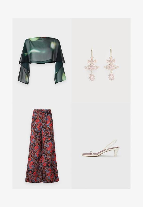 Przezroczysta, krótka czarna bluzka z luźnymi rękawami w kształcie dzwonu i kwiatowym wzorem w zielono-żółte motywy. Wykończona czarną lamówką na końcu.; Spodnie o szerokich nogawkach wykonane z czarnego materiału ozdobionego żywym kwiatowym wzorem w czerwieni i niebieskim, z elastycznym paskiem w talii dla komfortu.; Białe sandały na koturnie z cienkimi paskami i gładką skórzaną fakturą; zawierają małą dekoracyjną klamrę.; Różowe kolczyki z kamieniami szlachetnymi w kształcie kokardki, z warstwową strukturą i błyszczącymi akcentami; metalowe elementy zachowują polerowane wykończenie.