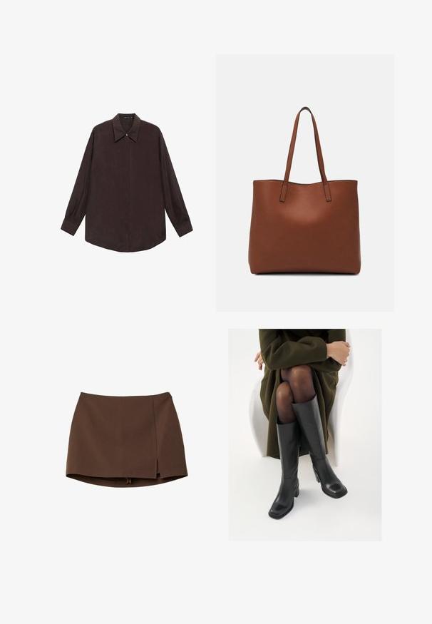 Donkergroene stoffen lange mouwen shirt met een puntige kraag, knoopsluiting aan de voorkant en een recht gesneden zoom. Gladde textuur en losse pasvorm.; Bruine minirok van gladde stof, met een voorflap, strakke lijnen en een gestructureerde pasvorm. Zonder zakken of opvallende metalen details.; Knieschijf hoge zwarte leren laarzen met een vierkante neus en blokhak, getoond met een model dat zit in een olijfgroene jas. Gladde textuur, minimale details.; Bruine leren tote bag met een gladde textuur, een ontwerp met een open bovenkant en twee schouderbanden. Kenmerkt zich door minimale stiksels en geen zichtbare hardware.