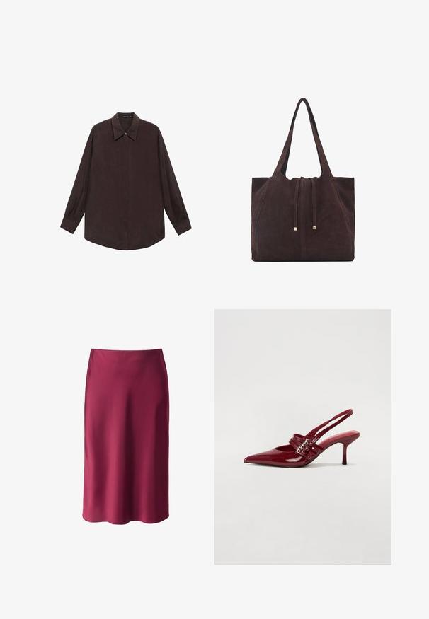 Langærmet skjorte i mørkebrun stof med spidse kraver, frontlukning med knapper og lige kant. Glat tekstur og afslappet pasform.; Burgunderfarvet satin nederdel med en glat tekstur, lige snit, mid-længde og en subtil glans. Ingen synlige mønstre eller hardware detaljer.; Røde patenteret læder slingback hæle med spids tå, to spændebånd og en slank, mellemhøj stiletto hæl. Glat tekstur.; Mango Shopping bags - dark brown