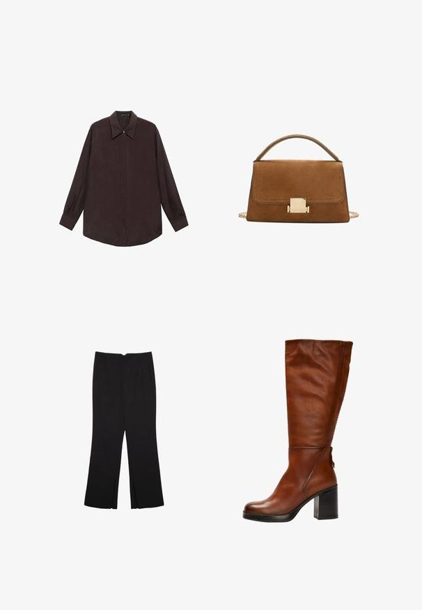 Camicia a maniche lunghe in tessuto marrone scuro con colletto a punta, chiusura anteriore con bottoni e orlo dritto. Texture liscia e fitting morbido.; Pantaloni neri a gamba dritta, con tasche frontali e spacchi laterali all'orlo. Realizzati in tessuto morbido e liscio. Adatti a diverse occasioni.; Stivale al ginocchio in pelle marrone con punta rotonda, tacco nero spesso e delicate cuciture lungo la parte anteriore e posteriore.; Borsa in suede marrone con una chiusura quadrata dorata, manico superiore e tracolla a catena. Presenta una forma rettangolare e angoli arrotondati.