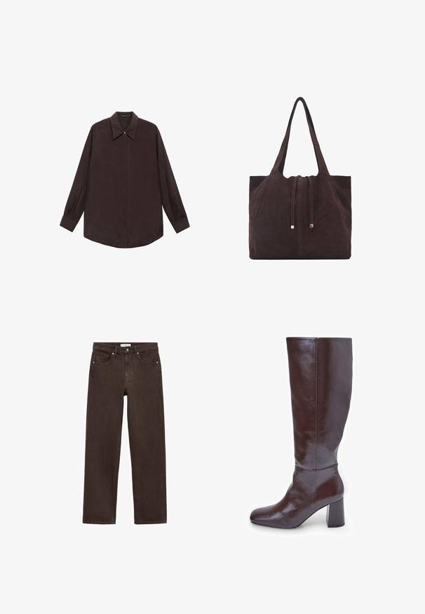 Dolgi rokav srajca iz temno rjave tkanine s koničastim ovratnikom, sprednjim zapiranjem na gumbe in ravnim robom. Gladka tekstura in sproščen kroj.; Rjave široke kavbojke iz denima, s klasičnim pet-žepnim dizajnom, gumbom za zapiranje in diskretnimi detajli šivanja.; Rjave usnjene škornje do kolen s kvadratnim nosom in robustnim peto. Površina je sijoča, kar poudarja gladko teksturo in oblikovne linije.; Mango Torba za nakupovanje - dark brown