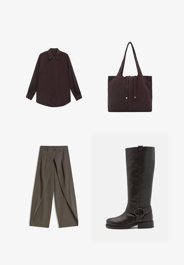 Cămașă cu mânecă lungă dintr-un material de culoare maro închis, cu guler ascuțit, închidere frontală cu nasturi și tiv drept. Textură netedă și croială relaxată.; Pantaloni largi confecționați dintr-un material texturat, de culoare gri închis. Au un pliu frontal, închidere cu nasture și buzunare laterale pentru confort.; Bronx NEW-TOUGH - Cizme cowboy/biker - coffee bean; Mango Geantă de pânză - dark brown