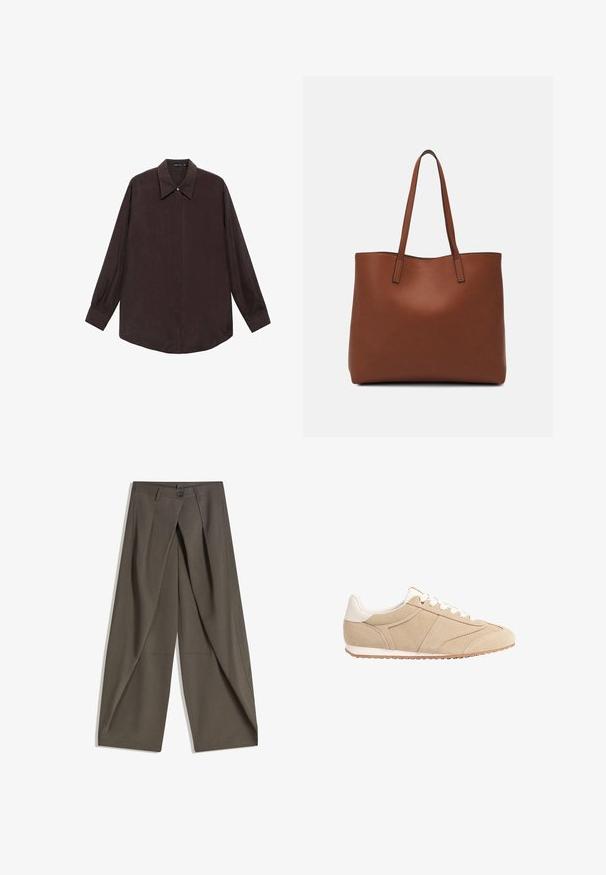 Langärmliges Hemd aus dunkelbraunem Stoff mit spitzem Kragen, Knopfverschluss an der Vorderseite und geradem Saum. Glatte Textur und lockerer Schnitt.; Weite Hosen aus einem strukturierten, dunkelgrauen Stoff. Mit einer vorderen Faltenlegung, Knopfverschluss und praktischen Seitentaschen ausgestattet.; Stradivarius Sneaker low - beige; Braune Leder-Tote mit glatter Textur, offenem Oberteil und zwei Schulterriemen. Verfügt über minimale Nähte und keine sichtbaren Beschläge.