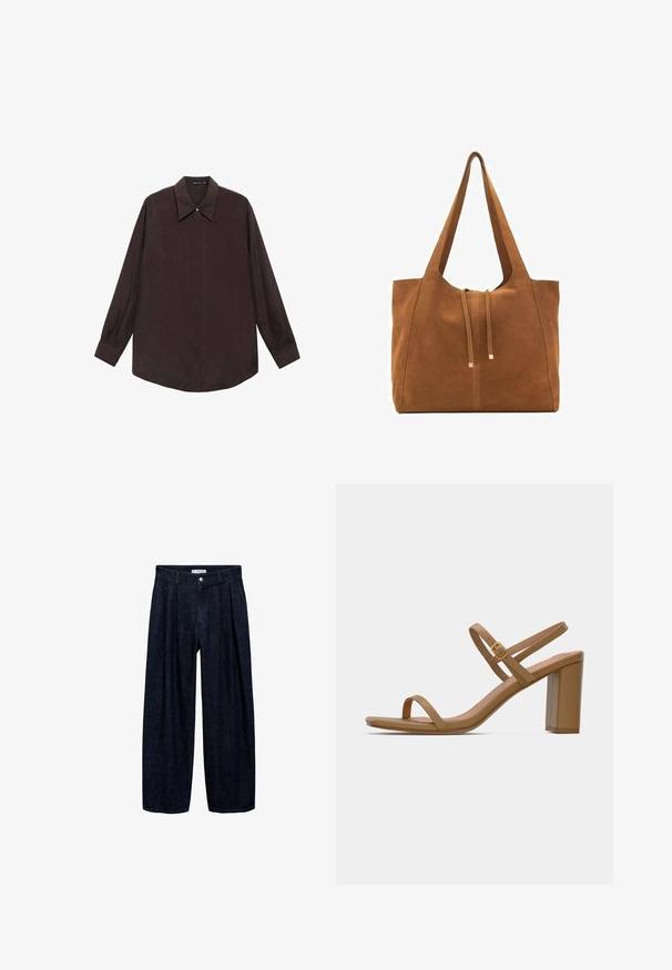 Long-sleeve shirt in dark brown fabric with a pointed collar, front button closure, and straight-cut hem. Smooth texture and relaxed fit.; Dark denim wide-leg trousers with pleats at the waist, featuring a front button and belt loops. Smooth texture and full-length design.; Light brown heeled sandals with two slender straps and a square block heel. Smooth material with minimal design and a small gold buckle detail.; Brown suede tote bag with two long straps, drawstring closure, and minimalistic design. Smooth texture and no visible hardware accents.