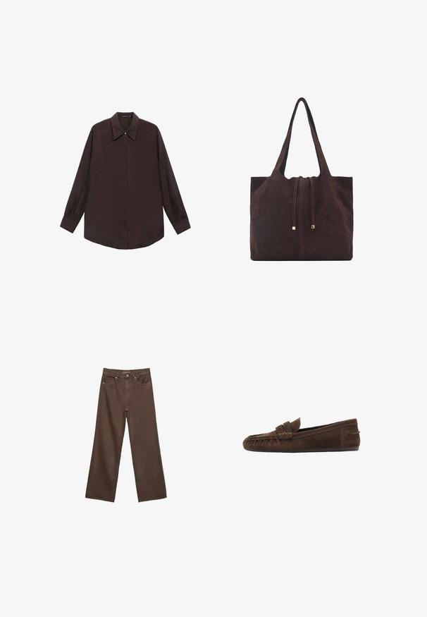 Košulja dugih rukava od tamnosmeđeg materijala s oštrim kragnom, prednjim dugmadi na zatvaranju i ravno rezanom rubu. Glatka tekstura i opušteni kroj.; Proširene smeđe traperice od denima, s visokim strukom, prednjim džepovima i klasičnom kopčom na dugme. Glatka tekstura s suptilnim šavovima.; Smeđe mokasine od suedea s teksturiranim gornjim dijelom, s pletenim akcentom i ravnim potplatom, dizajnirane za ležernu udobnost i jednostavno oblačenje.; Mango Velika torba - dark brown