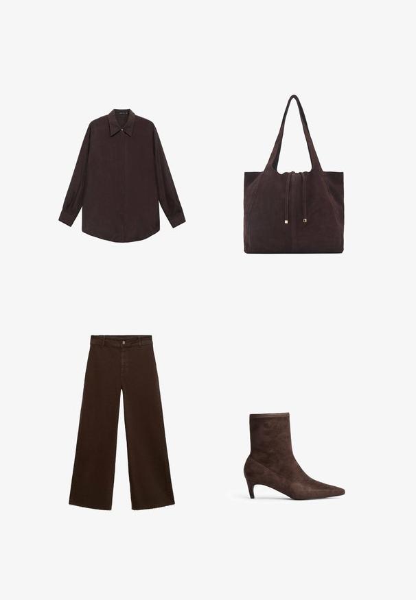 Langärmliges Hemd aus dunkelbraunem Stoff mit spitzem Kragen, Knopfverschluss an der Vorderseite und geradem Saum. Glatte Textur und lockerer Schnitt.; Braune, weit geschnittene Hosen aus Baumwollmischung mit fransigem Saum, vorderem Knopfverschluss und klassischem Fünf-Taschen-Design. Minimalistisch und vielseitig.; Braune Wildleder-Stiefelette mit spitzer Zehe und schlanker Ferse. Verfügt über eine glatte Textur und ein hohes Schaftdesign.; Mango Shopping Bag - dark brown