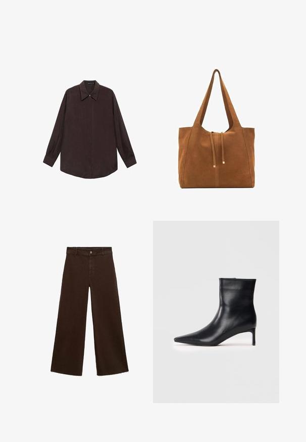 Košulja dugih rukava od tamnosmeđeg materijala s oštrim kragnom, prednjim dugmadi na zatvaranju i ravno rezanom rubu. Glatka tekstura i opušteni kroj.; Smeđe široke hlače od pamuka, s raspucanim rubom, prednjim kopčanjem na dugme i klasičnim dizajnom s pet džepova. Minimalističke i svestrane.; Crna kožna čizma do gležnja s šiljastim vrhom, elegantnog dizajna i vitkim potpeticama. Glatka tekstura bez vidljivih ukrasa.; Smeđa antilop torba za ruke s dva duga remena, zatvaranje na vezicu i minimalistički dizajn. Glatka tekstura i bez vidljivih metalnih elemenata.
