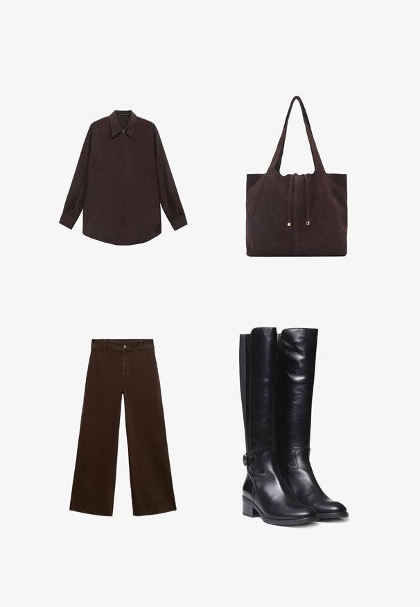 Košeľa s dlhým rukávom vyrobená z tmavohnedej tkaniny s špicatým golierom, predným zapínaním na gombíky a rovnom strihu na spodnom okraji. Hladký povrch a voľný strih.; Hnedé široké nohavice z bavlnenej zmesi, s roztrhnutým lemom, predným zapínaním na gombík a klasickým dizajnom s piatimi vreckami. Minimalistické a všestranné.; Čierne kožené boots do výšky kolien s hladkým povrchom, bočným zipsom a nízkym blokovým podpätkom. Obsahujú dekoratívnu pracku na manžete.; Mango Veľká kabelka - dark brown