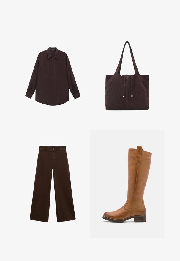 Košulja dugih rukava od tamnosmeđeg materijala s oštrim kragnom, prednjim dugmadi na zatvaranju i ravno rezanom rubu. Glatka tekstura i opušteni kroj.; Smeđe široke hlače od pamuka, s raspucanim rubom, prednjim kopčanjem na dugme i klasičnim dizajnom s pet džepova. Minimalističke i svestrane.; Anna Field LEATHER - Čizme - cognac; Mango Velika torba - dark brown