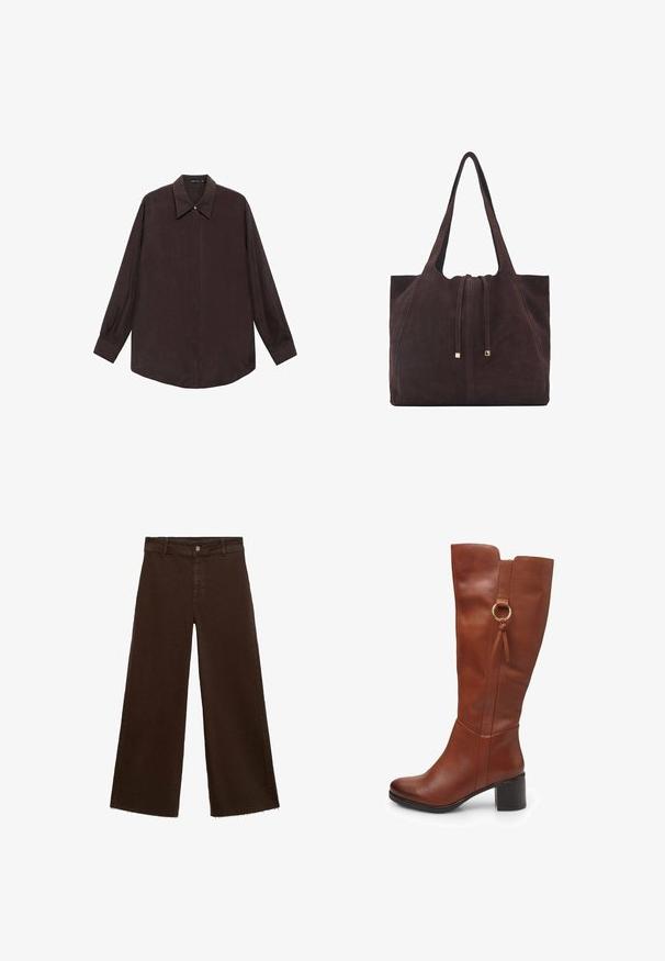 Cămașă cu mânecă lungă dintr-un material de culoare maro închis, cu guler ascuțit, închidere frontală cu nasturi și tiv drept. Textură netedă și croială relaxată.; Pantaloni largi maro dintr-un amestec de bumbac, cu un tiv desfăcut, închidere cu buton frontal și un design clasic cu cinci buzunare. Minimalist și versatil.; Botă lună din piele maro, cu vârf rotund, toc gros și fermoar lateral. Include un inel decorativ din aur și un accent legat.; Mango Geantă de pânză - dark brown