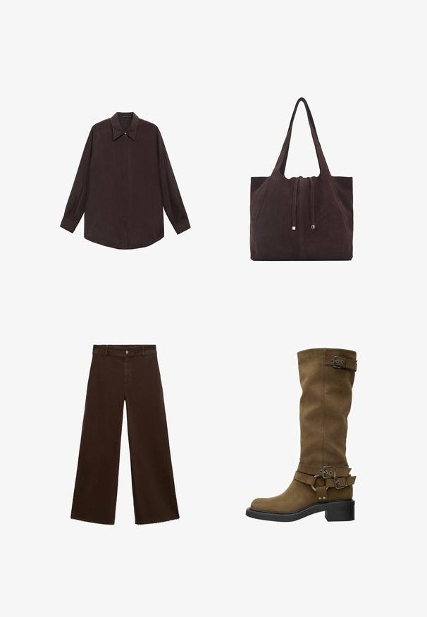 Cămașă cu mânecă lungă dintr-un material de culoare maro închis, cu guler ascuțit, închidere frontală cu nasturi și tiv drept. Textură netedă și croială relaxată.; Pantaloni largi maro dintr-un amestec de bumbac, cu un tiv desfăcut, închidere cu buton frontal și un design clasic cu cinci buzunare. Minimalist și versatil.; Cizmă înaltă din nubuc maro, cu vârf rotund, talpă din cauciuc negru și catarame decorative în jurul shaft-ului și gleznei. Textură netedă, fără modele vizibile.; Mango Geantă de pânză - dark brown