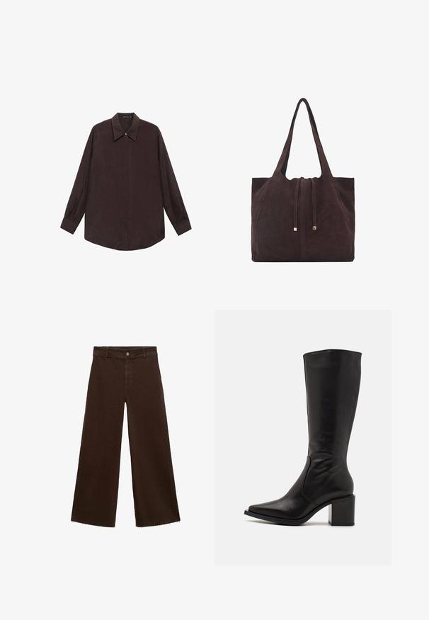 Cămașă cu mânecă lungă dintr-un material de culoare maro închis, cu guler ascuțit, închidere frontală cu nasturi și tiv drept. Textură netedă și croială relaxată.; Pantaloni largi maro dintr-un amestec de bumbac, cu un tiv desfăcut, închidere cu buton frontal și un design clasic cu cinci buzunare. Minimalist și versatil.; Zign LEATHER - Cizme - black; Mango Geantă de pânză - dark brown