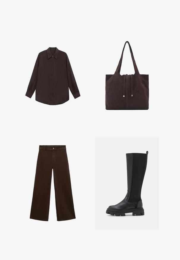 Cămașă cu mânecă lungă dintr-un material de culoare maro închis, cu guler ascuțit, închidere frontală cu nasturi și tiv drept. Textură netedă și croială relaxată.; Pantaloni largi maro dintr-un amestec de bumbac, cu un tiv desfăcut, închidere cu buton frontal și un design clasic cu cinci buzunare. Minimalist și versatil.; Cizme negre până la genunchi, cu un față din piele netedă și un spate dintr-un material texturat, având o talpă chunky cu striații și un cârlig pentru a fi mai ușor de încălțat.; Mango Geantă de pânză - dark brown