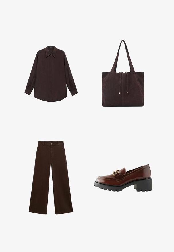 Cămașă cu mânecă lungă dintr-un material de culoare maro închis, cu guler ascuțit, închidere frontală cu nasturi și tiv drept. Textură netedă și croială relaxată.; Pantaloni largi maro dintr-un amestec de bumbac, cu un tiv desfăcut, închidere cu buton frontal și un design clasic cu cinci buzunare. Minimalist și versatil.; Mocasini din piele maro, cu bot rotunjit, detalii decorative din aur și o talpă neagră groasă cu un finisaj texturat.; Mango Geantă de pânză - dark brown