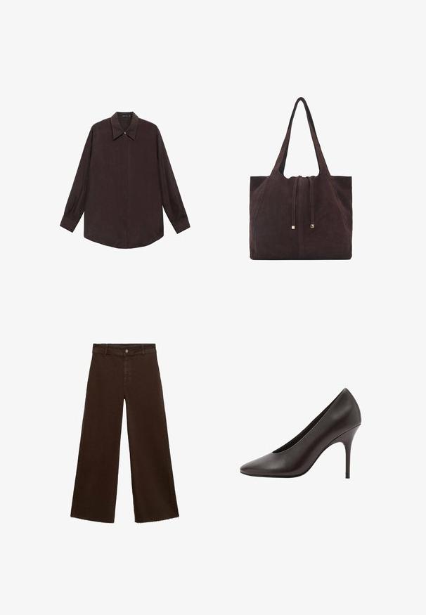 Košulja dugih rukava od tamnosmeđeg materijala s oštrim kragnom, prednjim dugmadi na zatvaranju i ravno rezanom rubu. Glatka tekstura i opušteni kroj.; Smeđe široke hlače od pamuka, s raspucanim rubom, prednjim kopčanjem na dugme i klasičnim dizajnom s pet džepova. Minimalističke i svestrane.; Crne kožne cipele na visoku petu s uskim stiletto potpeticom i glatkom završnom obradom, prikazane sa strane.; Mango Velika torba - dark brown