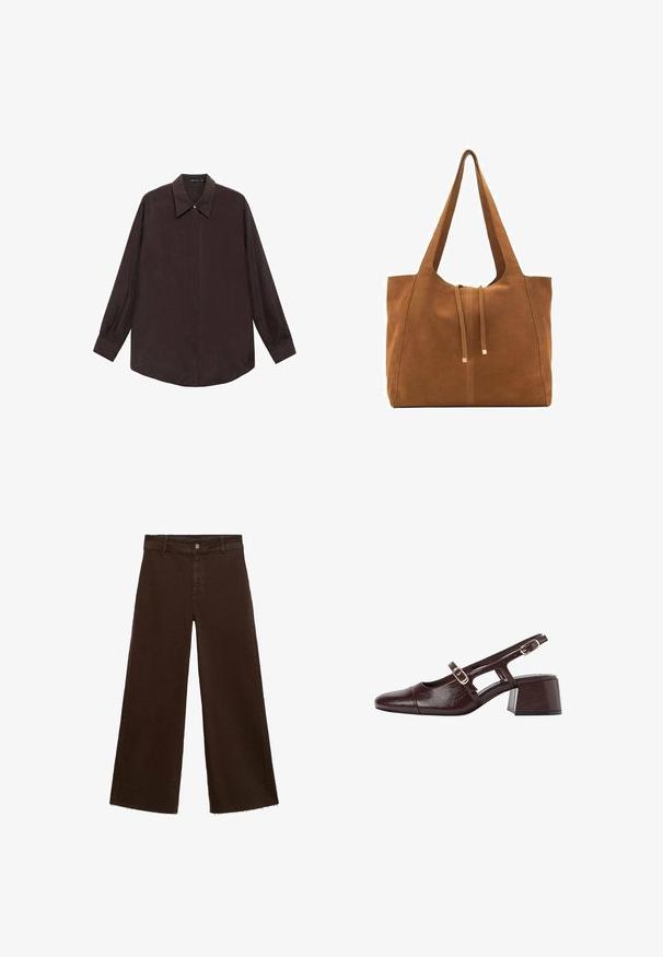Langærmet skjorte i mørkebrun stof med spidse kraver, frontlukning med knapper og lige kant. Glat tekstur og afslappet pasform.; Brune viddebukser i en bomuldsblanding, med en frynset kant, frontknaplukning og klassisk fem-lomme design. Minimalistiske og alsidige.; Brune læder slingback hæle med firkantet tå, udskårne sider og en blokhæl. Har en spænde på ankelremmen.; Brun ruskinds-tote med to lange stropper, snørelukning og minimalistisk design. Glat tekstur og ingen synlige hardware-detaljer.