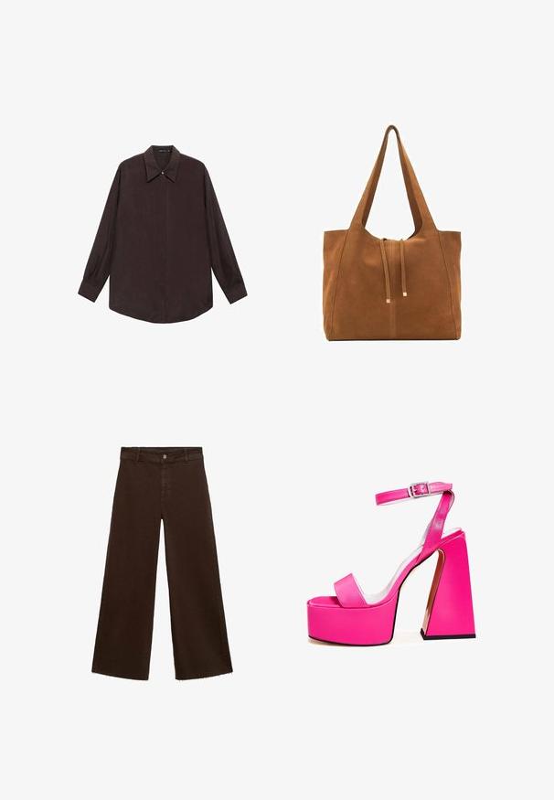Halenka s dlouhým rukávem v tmavě hnědé barvě, s špičatým límcem, předním zapínáním na knoflíky a rovně střiženým lemem. Hladká struktura a volný střih.; Hnědé kalhoty širokého střihu z bavlněné směsi, s třepicí na lemu, předním zapínáním na knoflík a klasickým designem pěti kapes. Minimalistické a univerzální.; Růžové platformové sandály s širokým čtvercovým podpatkem, náramkem kolem kotníku, hladkým povrchem a otevřenou špičkou. Doplňkem je přezka kolem kotníku.; Hnědá semišová taška s dvěma dlouhými popruhy, stahovací šňůrkou a minimalistickým designem. Hladký povrch a žádné viditelné kovové akcenty.