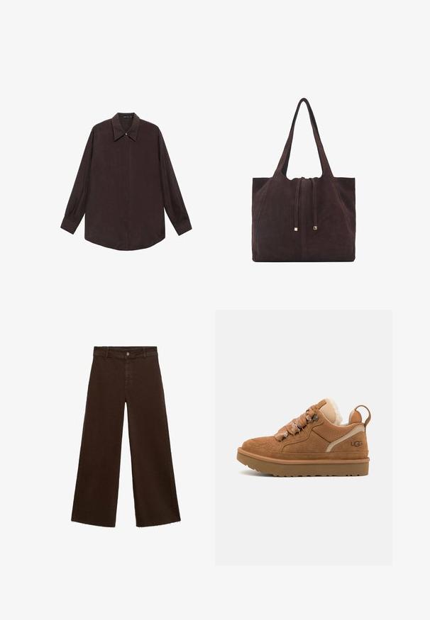 Košeľa s dlhým rukávom vyrobená z tmavohnedej tkaniny s špicatým golierom, predným zapínaním na gombíky a rovnom strihu na spodnom okraji. Hladký povrch a voľný strih.; Hnedé široké nohavice z bavlnenej zmesi, s roztrhnutým lemom, predným zapínaním na gombík a klasickým dizajnom s piatimi vreckami. Minimalistické a všestranné.; Hnedé semišové tenisky s sieťovanými akcentmi, textúrovanými šnúrkami a gumovou podrážkou; obsahujú vypolstrovaný golier a zadný úchyt.; Mango Veľká kabelka - dark brown