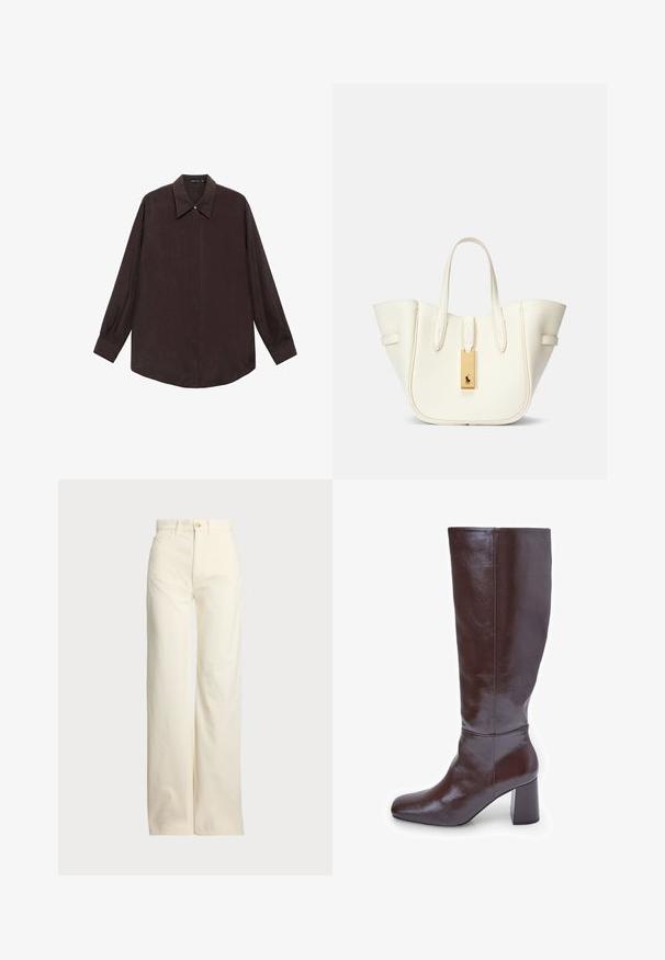Dolgi rokav srajca iz temno rjave tkanine s koničastim ovratnikom, sprednjim zapiranjem na gumbe in ravnim robom. Gladka tekstura in sproščen kroj.; Polo Ralph Lauren COTTON CORDUROY WIDE-LEG PANT - Hlače - warm white; Rjave usnjene škornje do kolen s kvadratnim nosom in robustnim peto. Površina je sijoča, kar poudarja gladko teksturo in oblikovne linije.; Bela usnjena torba z obliko, ki ohranja strukturo, izrazitim šivom, zlatim kovinskim dodatkom in dvema ročkama. Teksturna površina s stranskimi žepi.