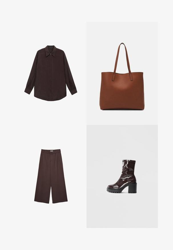 Chemise à manches longues en tissu marron foncé avec un col pointu, fermeture à boutons sur le devant et ourlet droit. Texture lisse et coupe décontractée.; Pantalons larges marron en tissu doux, dotés de plis à la taille et de poches latérales. Silhouette ajustée avec un ajustement confortable.; Bottines bordeaux brillantes à talon épais noir, avec une texture lisse et un design simple. Aucune fermeture visible ni motifs.; Sac fourre-tout en cuir marron avec une texture lisse, design à ouverture supérieure et deux poignées pour le porter à l'épaule. Présente des coutures minimales et aucun matériel visible.
