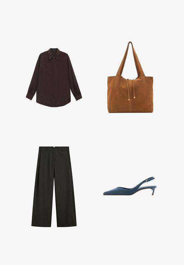 Camicia a maniche lunghe in tessuto marrone scuro con colletto a punta, chiusura anteriore con bottoni e orlo dritto. Texture liscia e fitting morbido.; Pantaloni ampi grigio scuro con sottili righe verticali, chiusura frontale con bottone e zip, e tasche laterali.; Décolleté in denim con punta affusolata e tacco basso e sottile. Presenta un tessuto testurizzato in blu scuro e un design elegante e snello.; Borsa a tracolla in suede marrone con due lunghe cinghie, chiusura con cordoncino e design minimalista. Texture liscia e senza elementi hardware visibili.