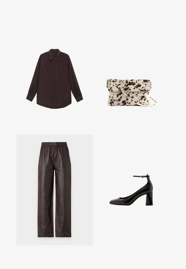 Chemise à manches longues en tissu marron foncé avec un col pointu, fermeture à boutons sur le devant et ourlet droit. Texture lisse et coupe décontractée.; Pantalons en cuir marron à jambe large avec une taille élastique et une texture lisse, présentant des coutures sur le devant et l'arrière.; Pompe à talon bloc en cuir verni noir avec une finition brillante, un bout pointu et une large bride à la cheville. Texture lisse, minimalisme dans les détails.; Sac en vachette avec une base crème et des taches marron foncé, de forme rectangulaire, avec un rabat pliable et une bandoulière amovible.